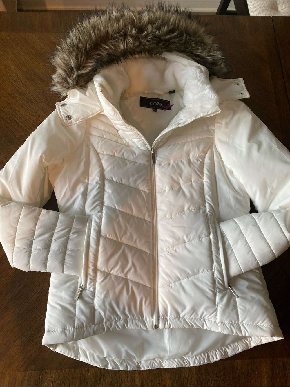 Honee White Quilted Hooded Faux-Fur Trim Puffer Jacket